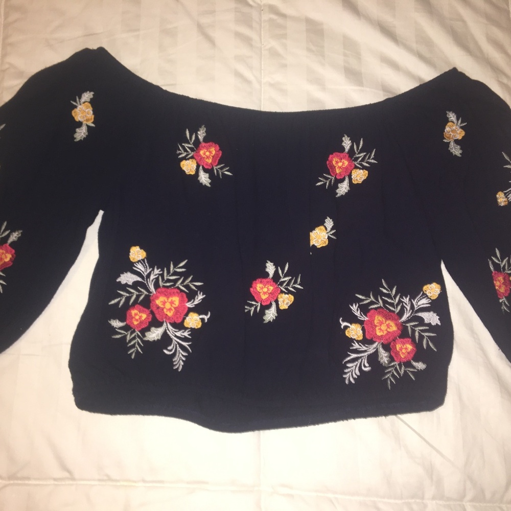 navy and floral off the shoulder crop top